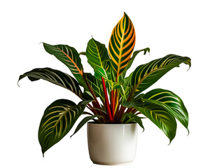 The colorful Calathea lanciforia or Goeppertia insignis or Rattlesnake plant in white ceramic pot isolated on transparent background.