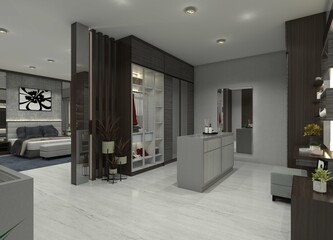 Modern 3D dressing room interior design with wardrobes and a central island storage cabinet for accessories.