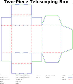 Two piece telescoping box packaging die cut template vector with dimensions for e flute paper and manufacturing details