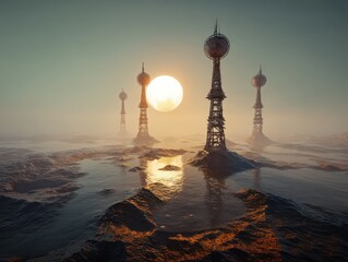 Towering structures rise from a misty, water-covered landscape as the sun sets, casting a warm glow over the horizon, creating an ethereal scene.