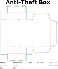 Anti theft box packaging die cut template design with dimensions and crease lines for manufacturing secure product packaging