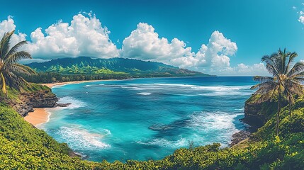 Fototapeta premium Tropical Beach with Turquoise Ocean and Lush Green Vegetation