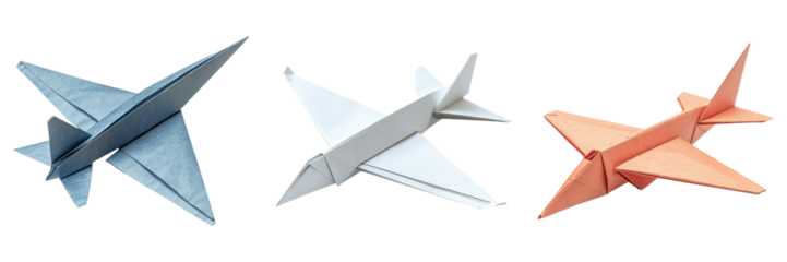 Trio of colorful origami paper planes in flight isolated on transparent PNG image perfect for travel or educational graphics