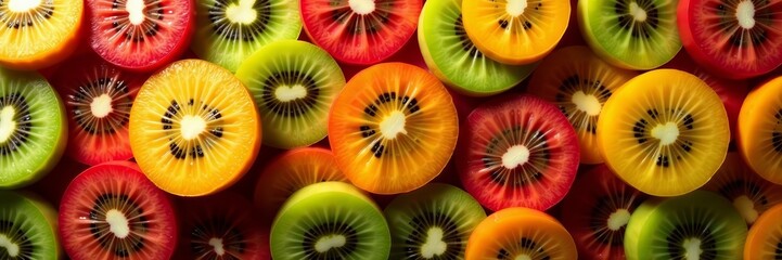Vibrant arrangement of sliced feijoas creating a dynamic display, slices, vibrant, fresh