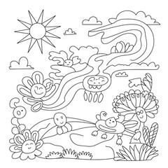 Whimsical Fantasy Scenes Coloring page, black and white