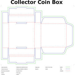 Collector coin box packaging die cut template vector illustration for eflute paper container with bleed trim and crease lines flat vector design