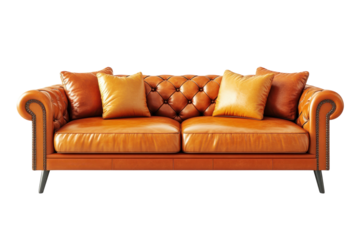 Luxurious chesterfield leather sofa with button tufting elegant design rich amber tone three plush cushions isolated on black on transparent background