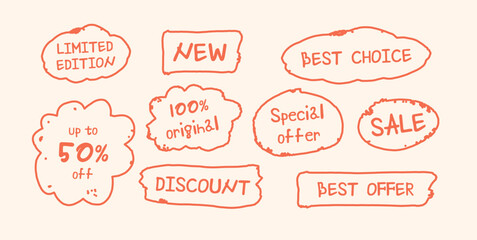 Hand Drawn Doodle Style Stickers. Labels with Texts Limited Edition, Best Offer, New, Discount, 50 Percent Off, Special Offer, 100 Percent Original. Vector Illustration.