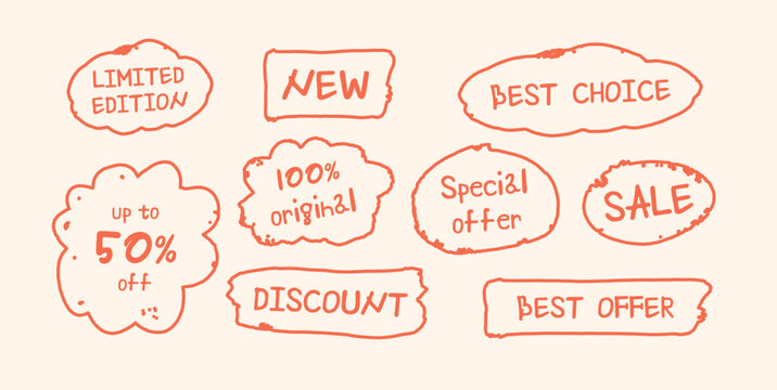 Hand Drawn Doodle Style Stickers. Labels with Texts Limited Edition, Best Offer, New, Discount, 50 Percent Off, Special Offer, 100 Percent Original. Vector Illustration.