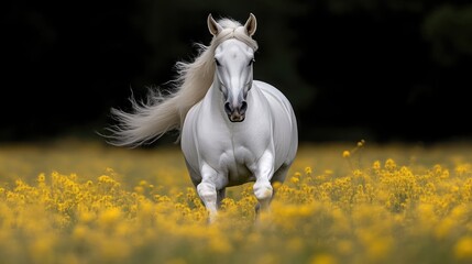 Majestic white horse in a field of yellow flowers.  A beautiful, powerful animal with flowing mane and tail, running through a vibrant field of rapeseed.  