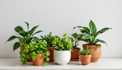 Fototapeta premium Imagine bringing the lively beauty of nature indoors with a collection of various shades of green foliage plants nestled in charming terracotta pots