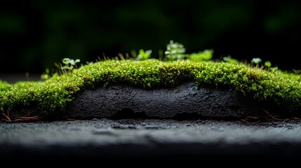 Lush moss blankets a dark stone surface.