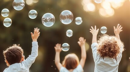 School children learning about hygiene with paper soap bubbles, education in health