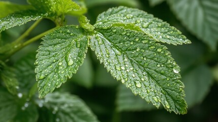 Close-Up of Green Leaf with Glistening Water Droplets &ndash; Fresh and Serene Natural Scene