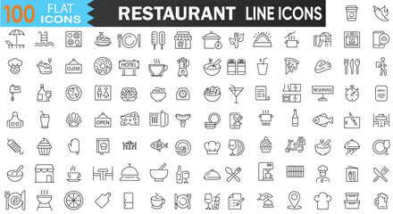 Restaurant Icons set &mdash; Line Art Style for Cafe, Cooking, Food Delivery, Catering, and Kitchen Vector Illustrations.