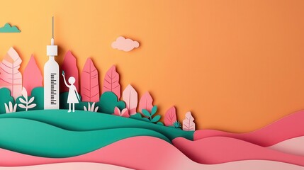 Vaccination scene made in playful paper cut style, childfriendly health awareness