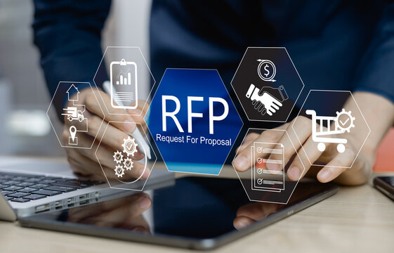 Request for Proposal Business Concept. Businessman working on laptop for representing Request for Proposal (RFP) process, including procurement, bidding, contract management, and logistics.