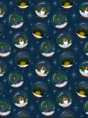 now globes with houses and trees and snowflakes. Seamless pattern.