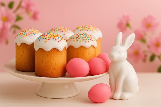 Four mini Easter cakes with white icing and colorful sprinkles, styled with pink eggs and a ceramic bunny on a soft pink background.

