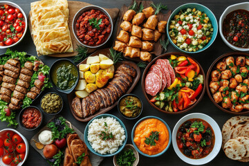 Fototapeta premium Assorted tasty food displayed on a table: sushi, pizza slices, burgers, salads, fruits, and desserts, ready to enjoy at a gathering or event.