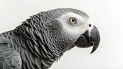Fototapeta premium A magnificent gray parrot with striking detail in its feathers is captured in a clean portrait.