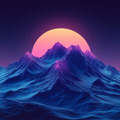 Futuristic mountain range at night with gradient colors. Cyberspace concept. Illustration for banner, poster, cover, brochure or presentation.