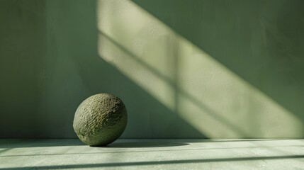 Textured green sphere on neutral surface studio shot
