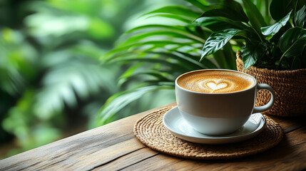 Cup of Coffee on a wooden Table in Summer Tropical Garden Outdoor, copy space. Coffee in Summer Cafe	