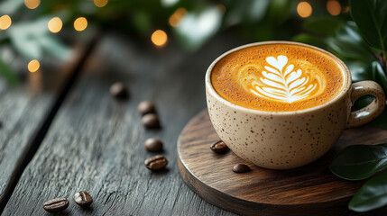 Coffee cup with latte art and coffee beans on wooden table