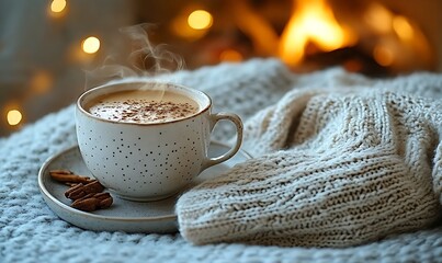 Warm Coffee by Fireplace in Cozy Winter Setting