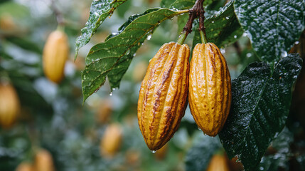 Cacao fruit on the tree, Cocoa pods with water drops