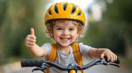 Happy toddler biking with thumbs up.