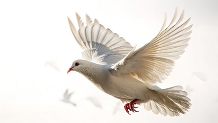 Obraz premium A beautiful white dove in mid-flight, wings spread against a bright, clean sky.