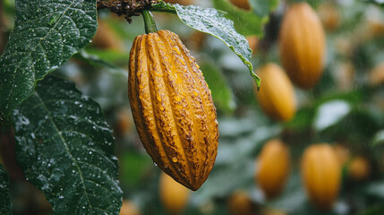 Freshly Ripe Wet Cocoa Pods Hanging on a Branch in a Lush Tropical Plantation – Macro Shot of Cacao Fruit with Water Droplets Ready for Harvest and Chocolate Manufacturing