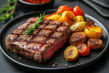 Juicy steak with assorted vegetables and golden-brown potatoes on a white plate.