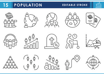 Fototapeta premium A set of line icons related to Population. Growth, migration, life expectancy, overpopulation, residents, worldwide, birth rate, and so on. Vector editable stroke.