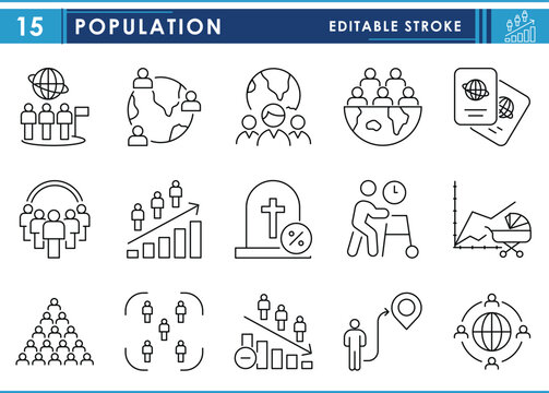 A set of line icons related to Population. Growth, migration, life expectancy, overpopulation, residents, worldwide, birth rate, and so on. Vector editable stroke.