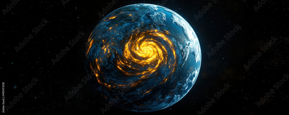 Leinwandbilder mesmerizing 3D visualization of planet Earth showcases swirling patterns of fiery waste, creating dramatic and captivating visual effect against dark expanse of space