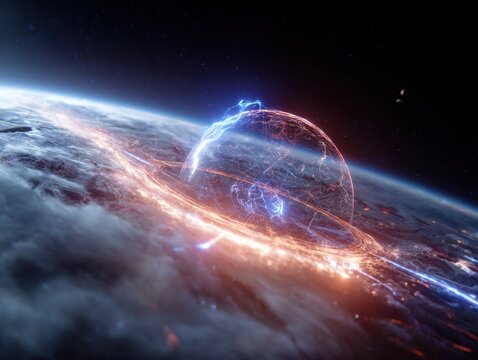 Futuristic sphere protecting Earth from impact; digital rendering with energy fields and glowing rings around the planet.