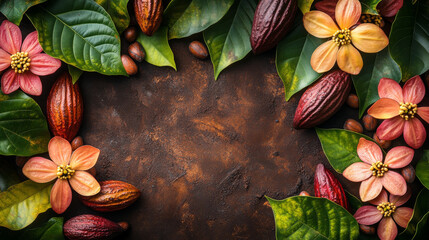 Cacao pods and flowers on brown background., top view with copy space