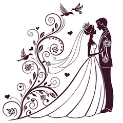 Elegant Wedding Couple Silhouette with Floral Design