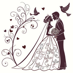 Elegant Wedding Couple Silhouette with Floral Design