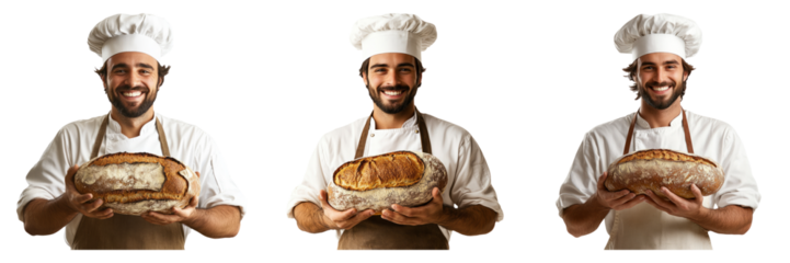 Smiling cartoon bakers holding fresh bread isolated on transparent PNG image perfect for bakery ads or culinary illustrations