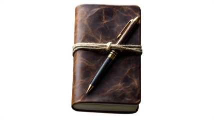 Desktop view of closed planner with string-tied bundle and pen - 