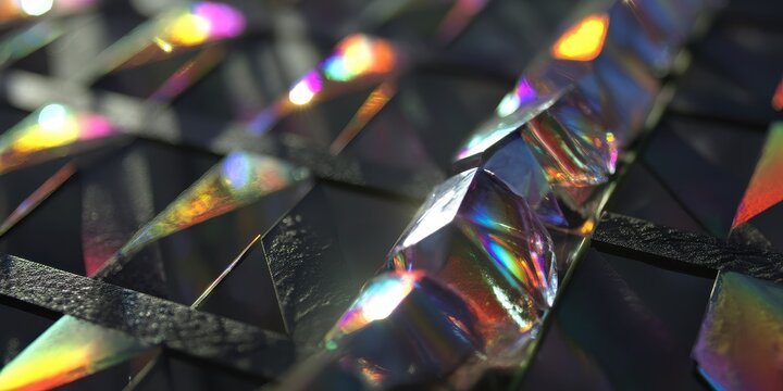 Abstract surface of prisms refracting light, creating a rainbow effect. Optical elements arranged in geometric grid. Artistic close up.