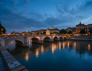 Fototapeta premium City Bridge Over River at Dusk with Illuminated Buildings and Reflections