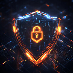 Fototapeta premium High-Tech Cybersecurity Shield with Orange Lock – Futuristic Digital Protection and Network Security Concept