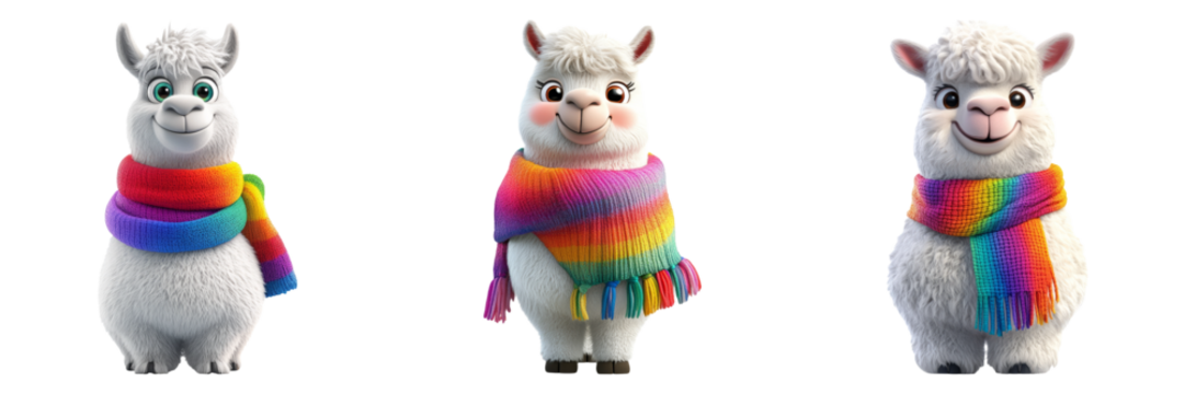 Colorful llamas in rainbow scarves isolated on transparent PNG image perfect for festive animal graphics or gift designs