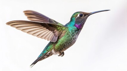 Obraz premium A vibrant hummingbird takes flight, showcasing its colorful feathers against a clean white backdrop.