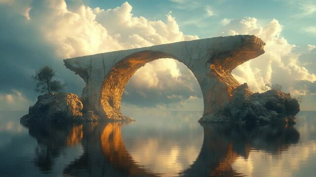 Majestic stone arch bridge over tranquil water, surrounded by rocky islands and dramatic clouds